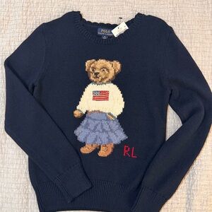 NWT Polo Ralph Lauren Bear & American flag Sweater w scalloped neck & embroidery